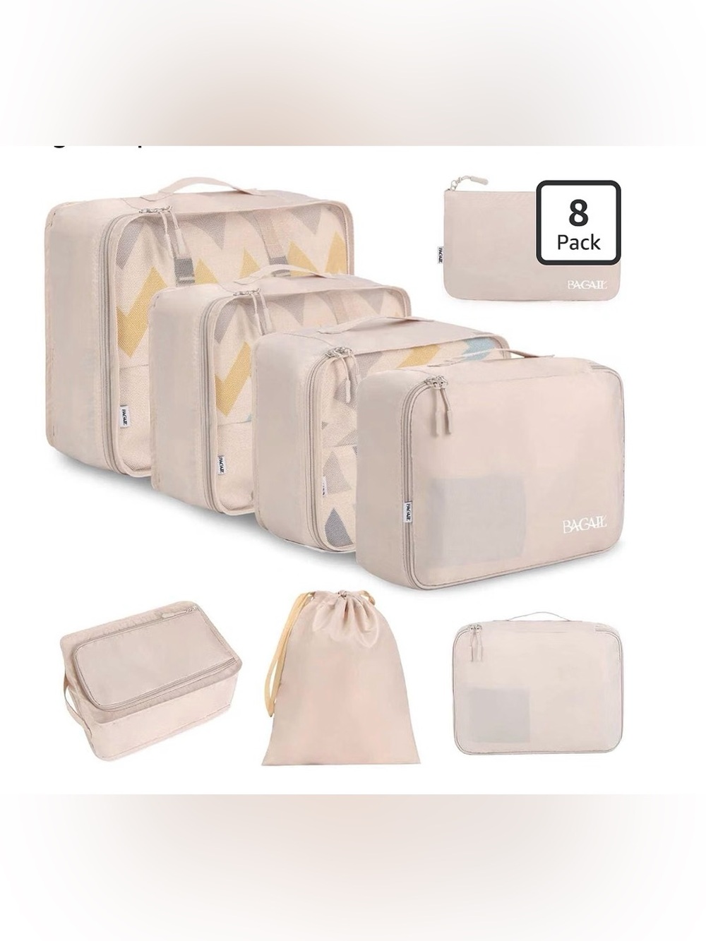 Beige 8-Piece Travel Packing Cube Set - Organized Luggage Storage